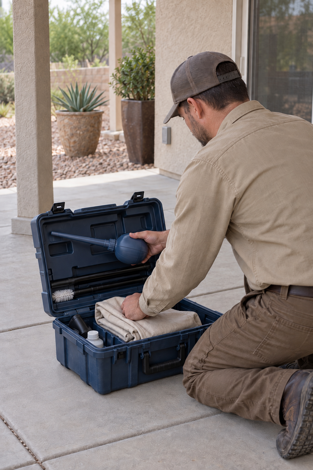 Pest control technician packing a hand duster and drop cloth into a tool case on a swept concrete patio