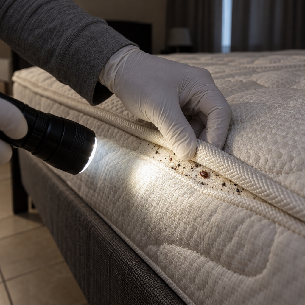 bed bug exterminator checking a mattress seam in Tucson