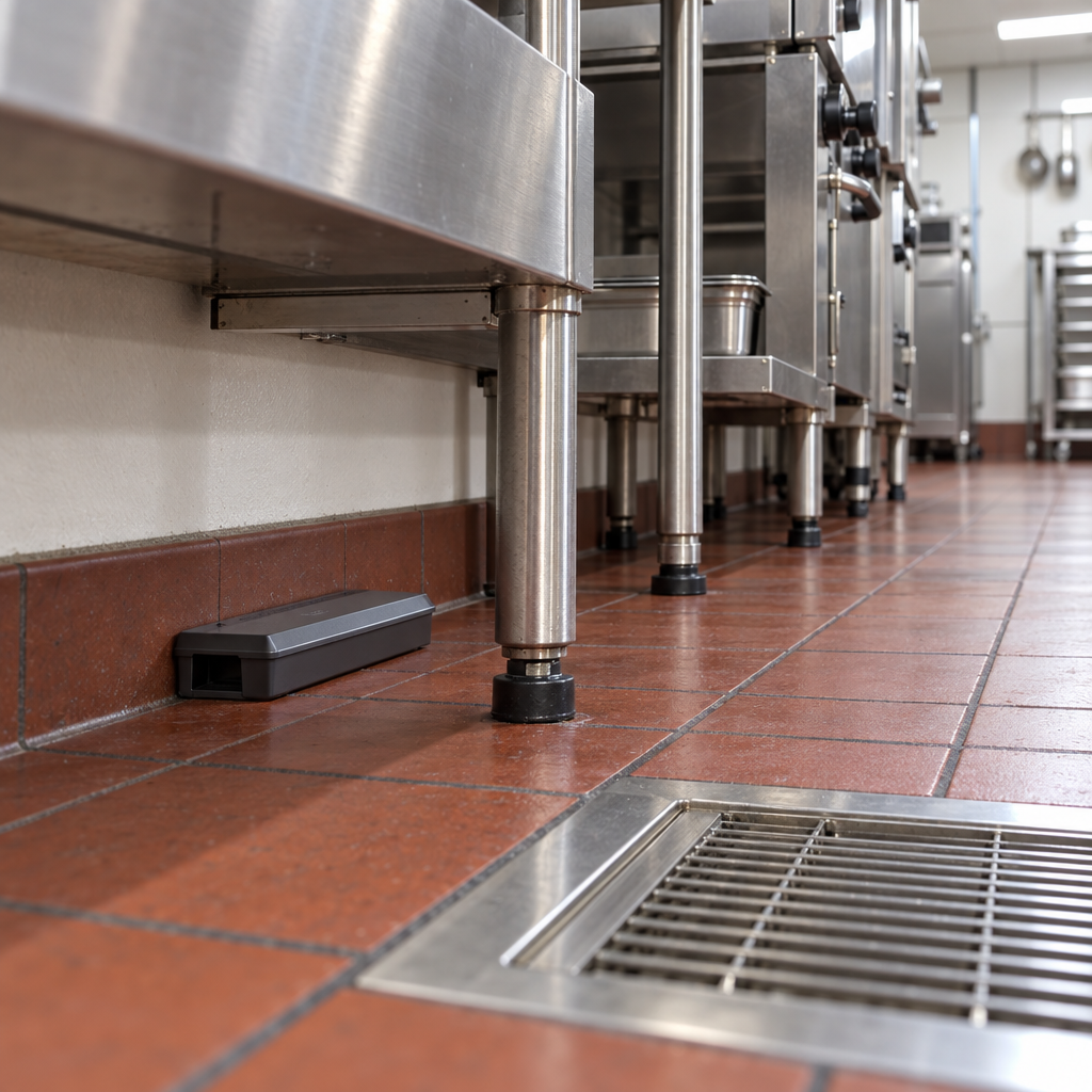 Commercial pest control monitoring station under a stainless restaurant kitchen line