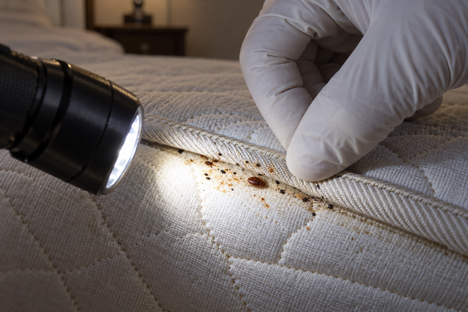 Gloved hand lifting a mattress seam under a flashlight
