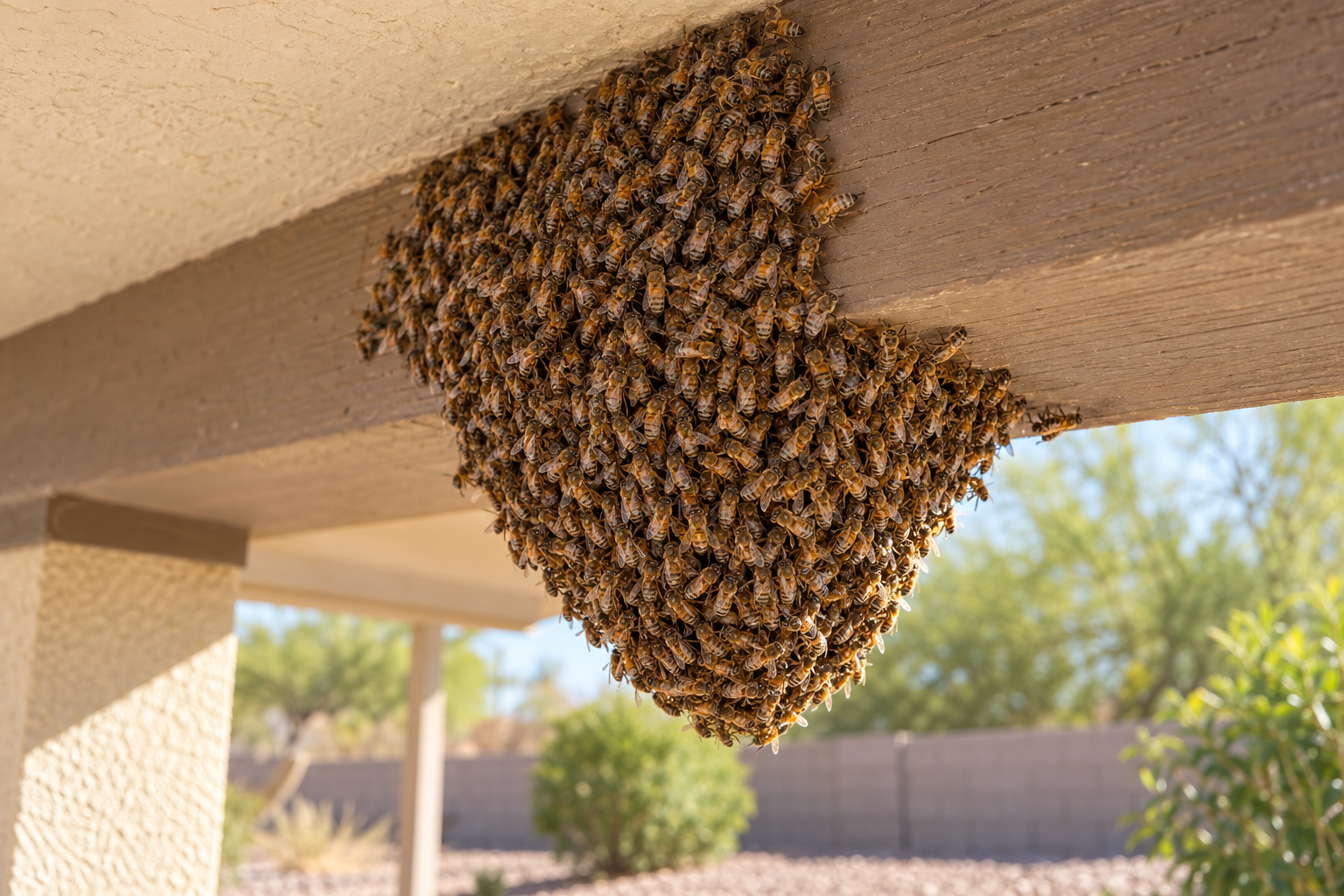 Honey bee swarm hanging from a patio beam