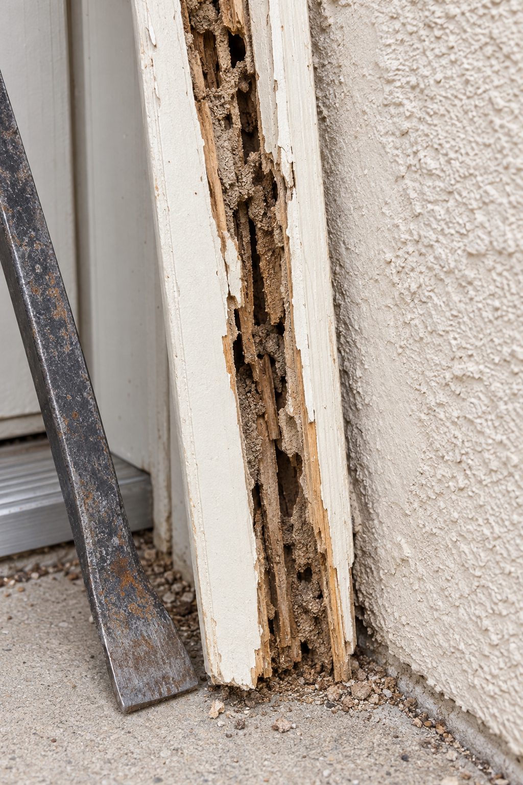 Wooden door trim pried from a stucco wall with termite galleries hollowed through the back