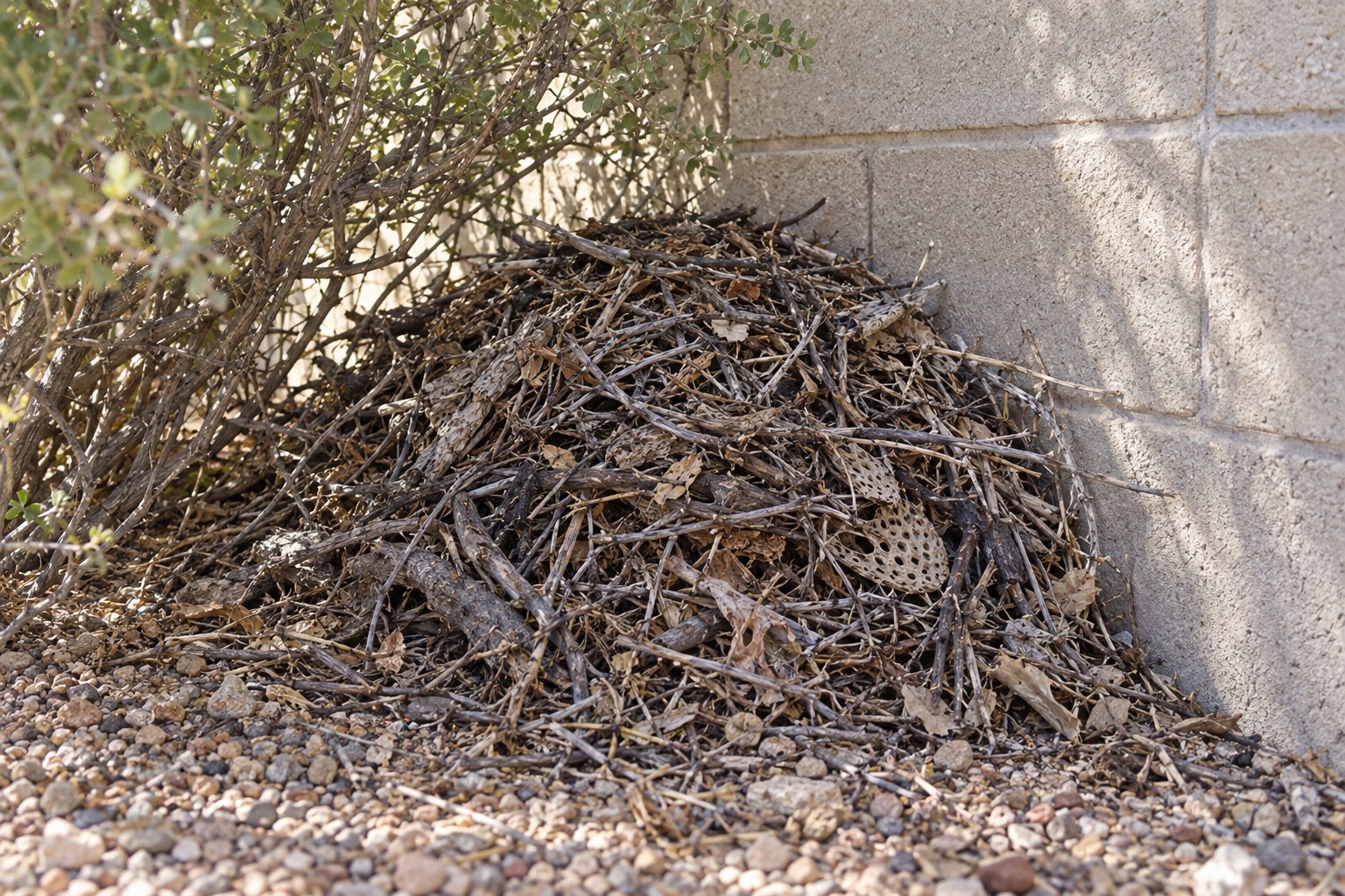 Pack rat nest of sticks and dry cactus pads piled against a concrete block wall under a shrub