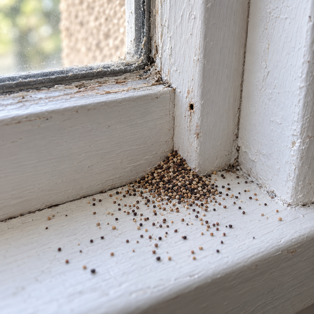Small pile of drywood termite frass pellets on a window sill below a tiny hole in the wooden frame