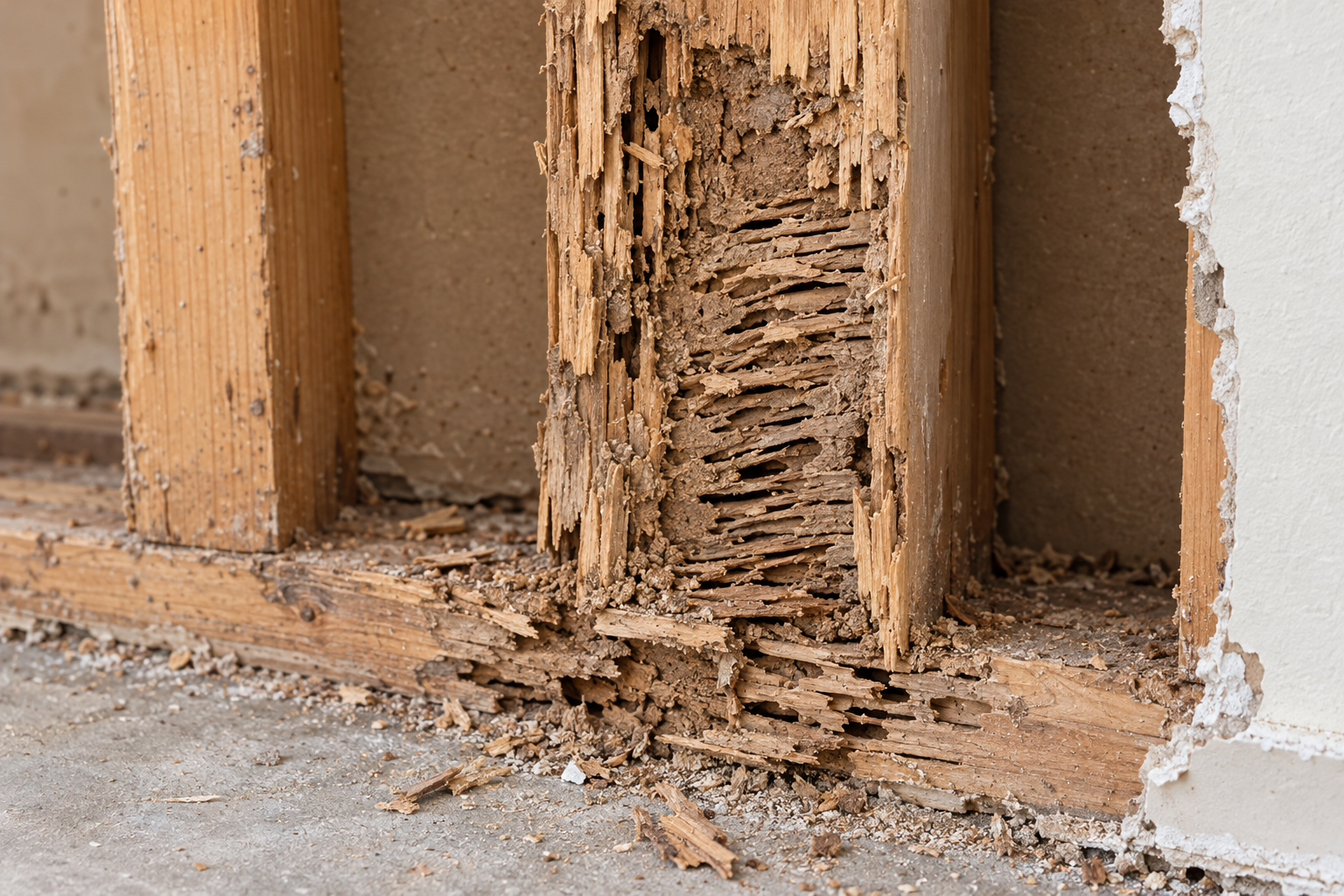 Wall stud and bottom plate opened up to show hollow termite galleries running along the grain